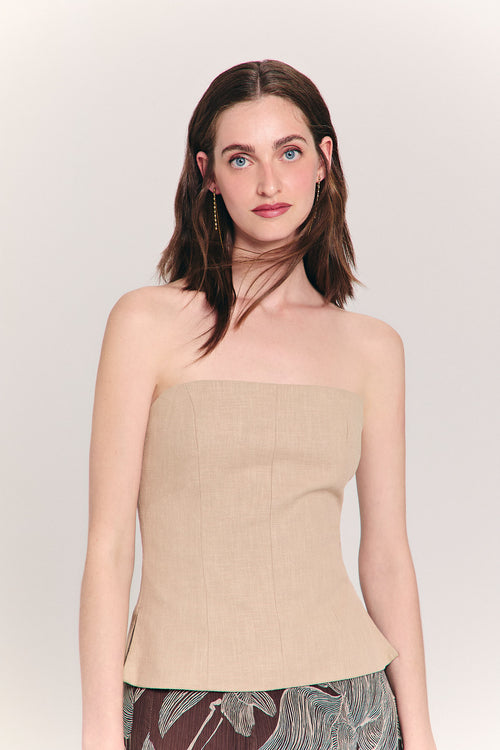 Top beige palabra de honor de ramio 
