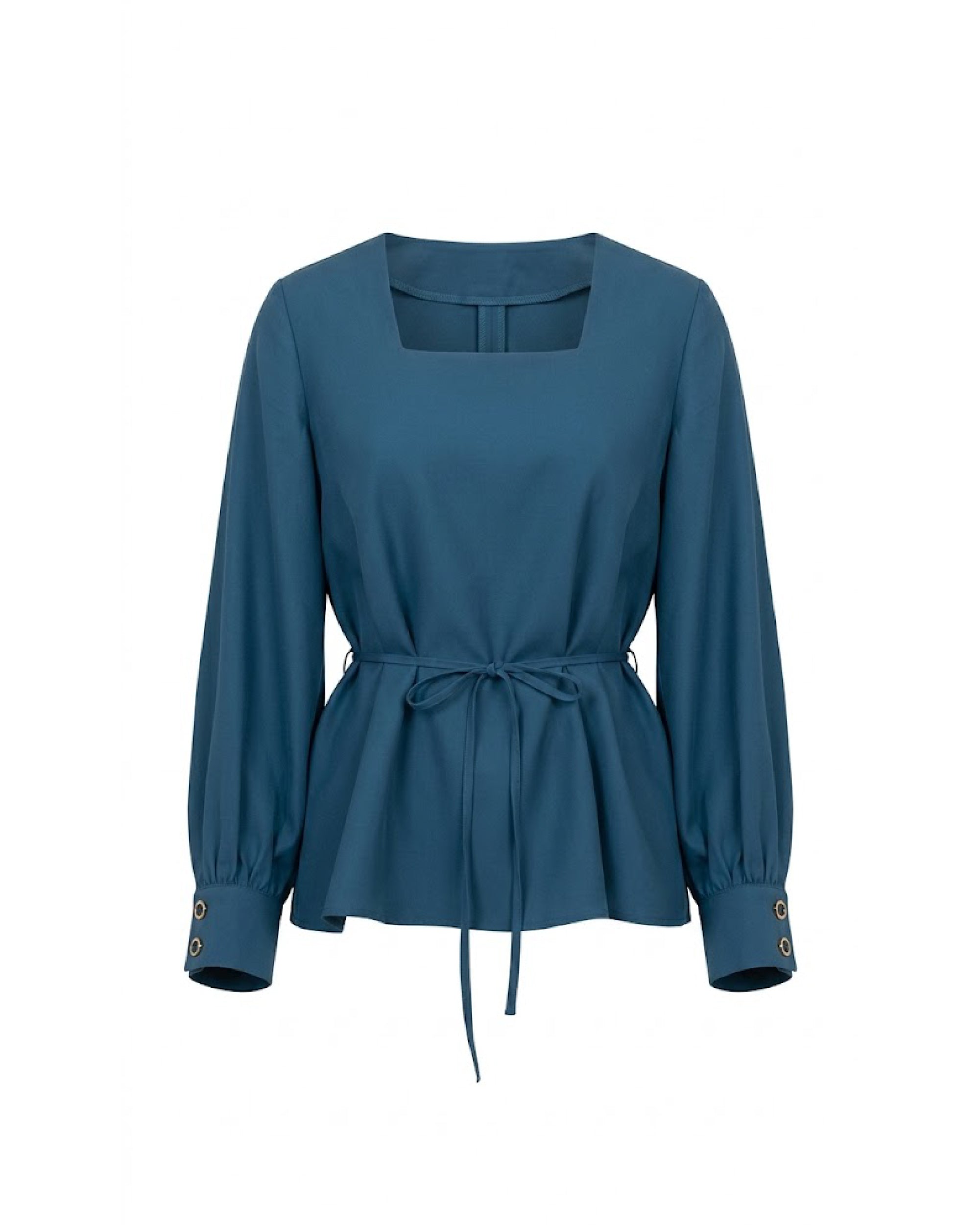 Blusa azul de escote cuadrado con mangas abullonadas, puños abotonados y cintura entallada con lazada