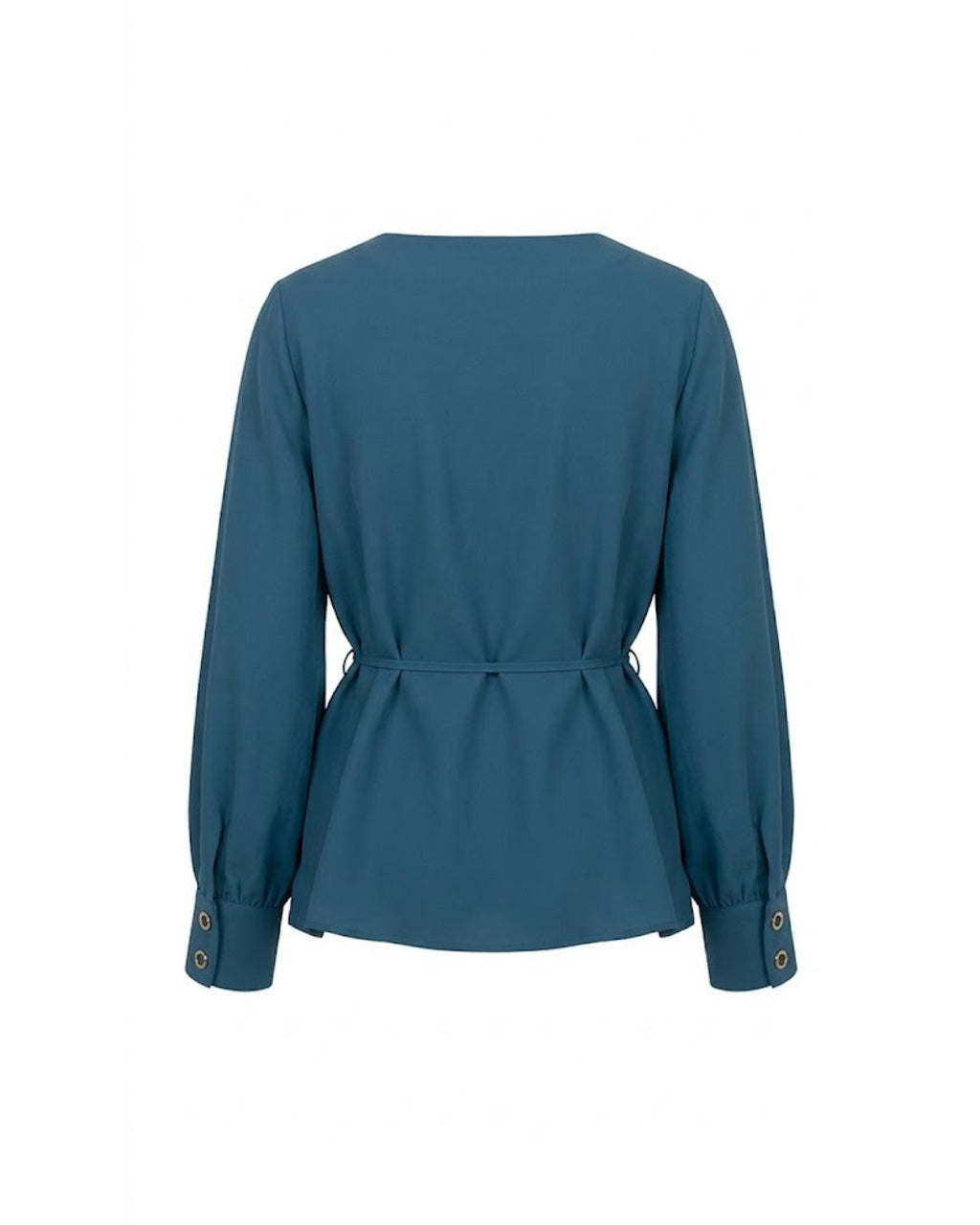 Blusa azul de escote cuadrado con mangas abullonadas, puños abotonados y cintura entallada con lazada
