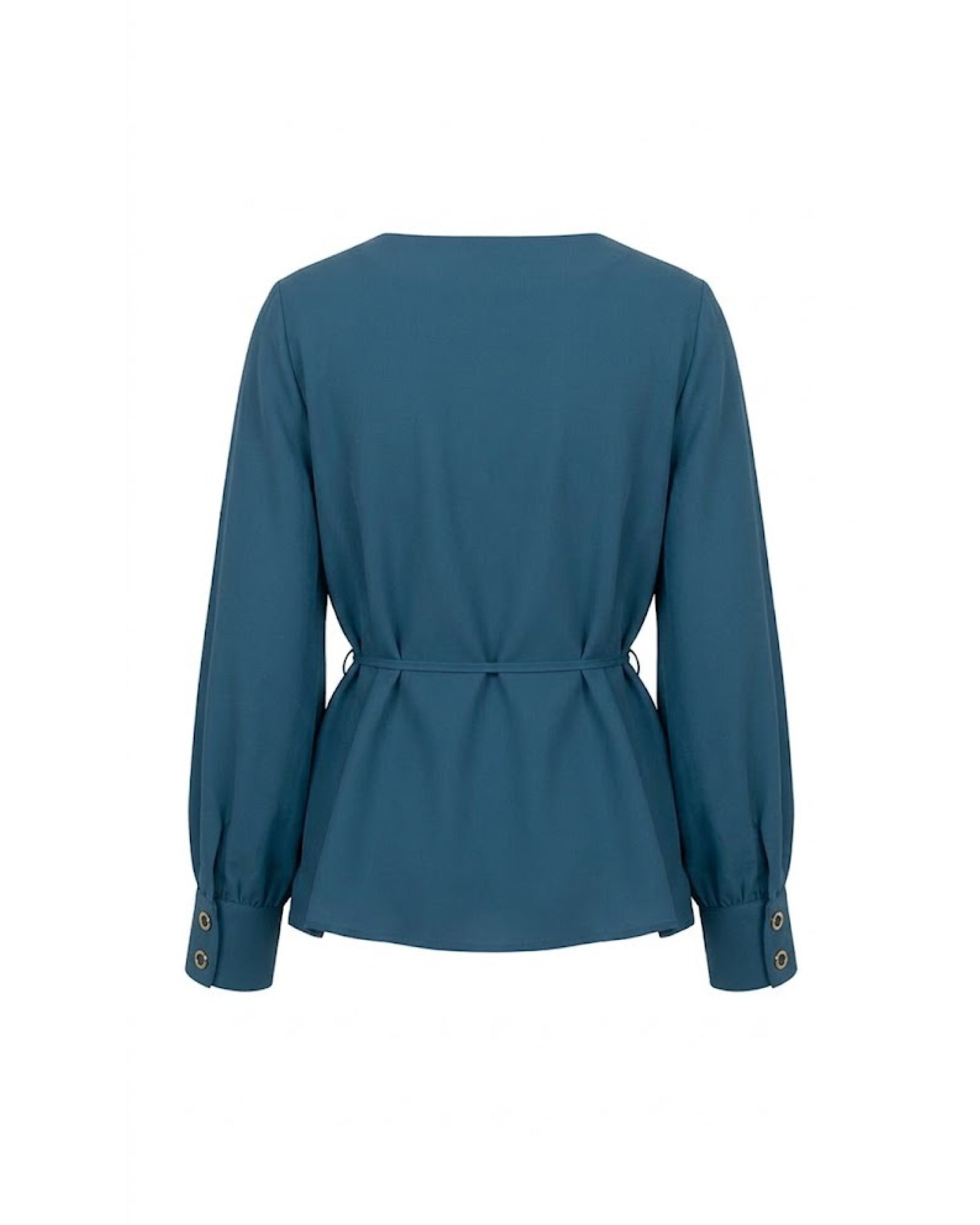 Blusa azul de escote cuadrado con mangas abullonadas, puños abotonados y cintura entallada con lazada