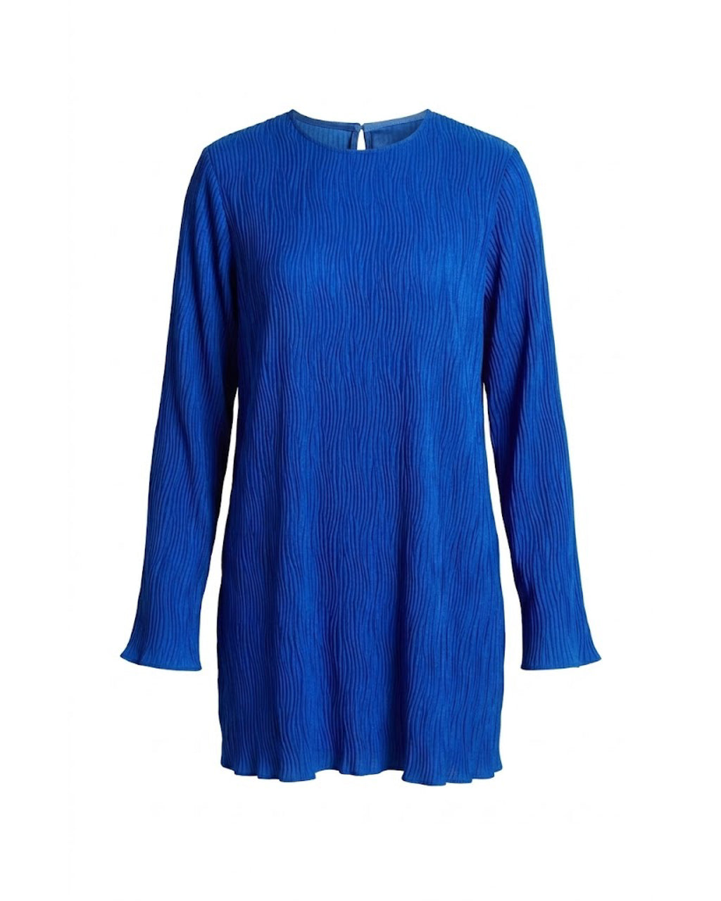 Vestido corto recto de tejido plisado azul y manga larga recta