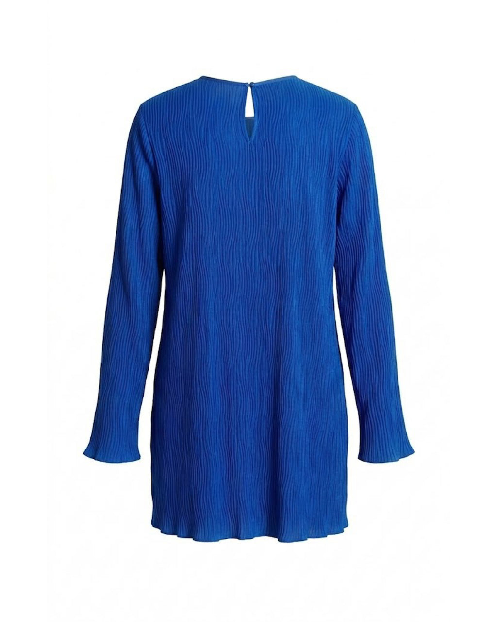 Vestido corto recto de tejido plisado azul y manga larga recta