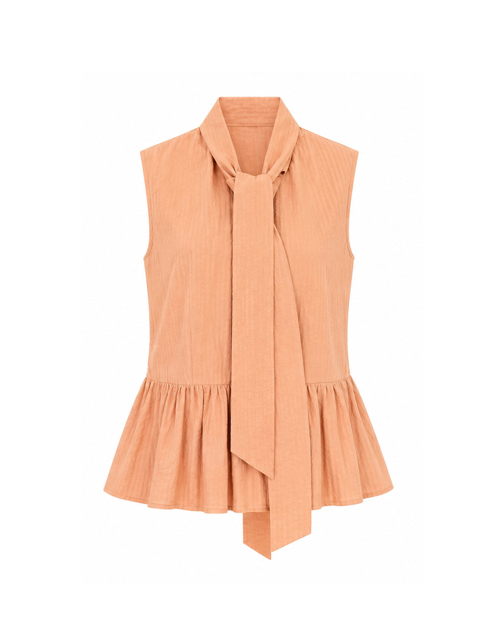 Blusa naranja con cuello lazada, con peplum y sin mangas 