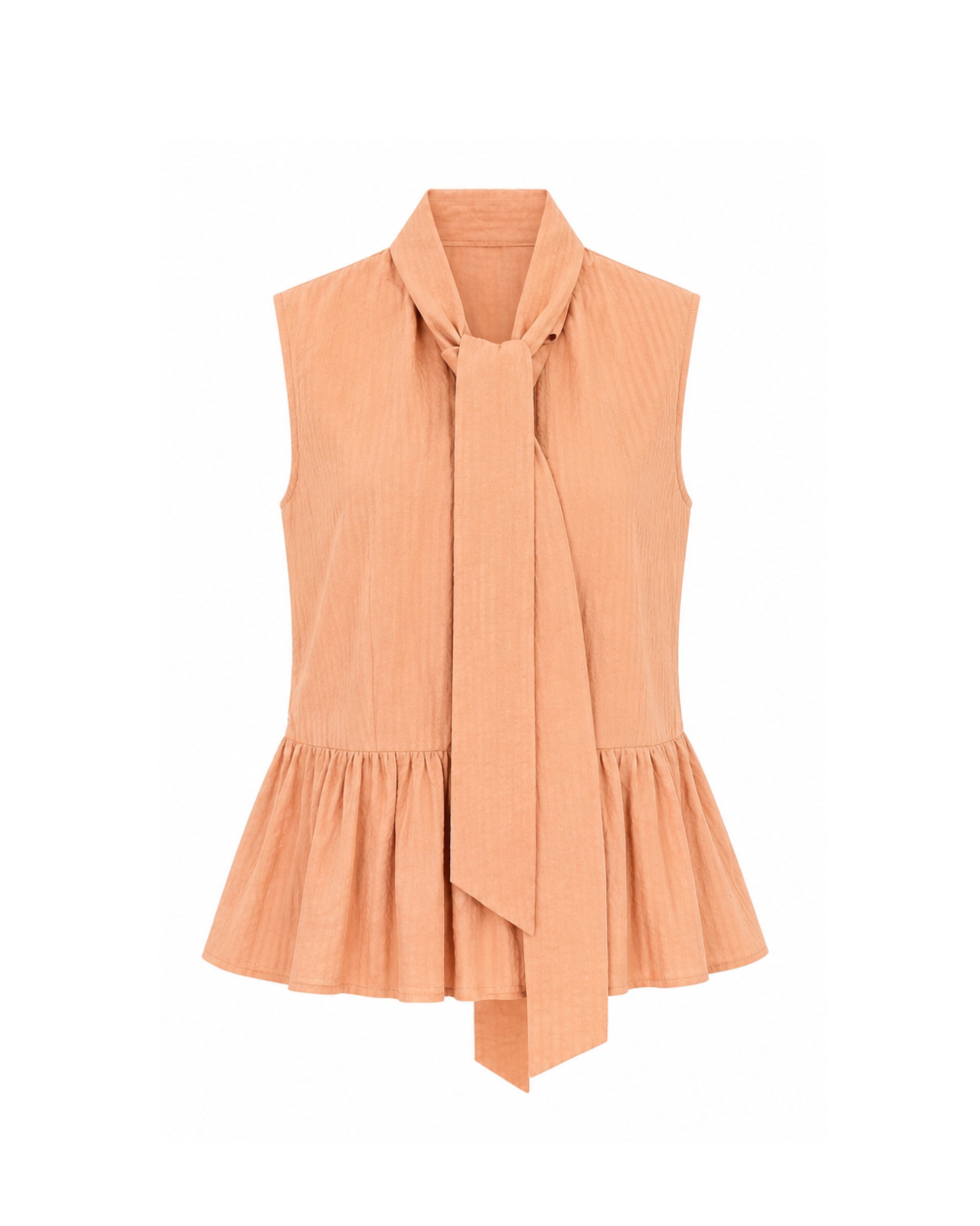 Blusa naranja con cuello lazada, con peplum y sin mangas 