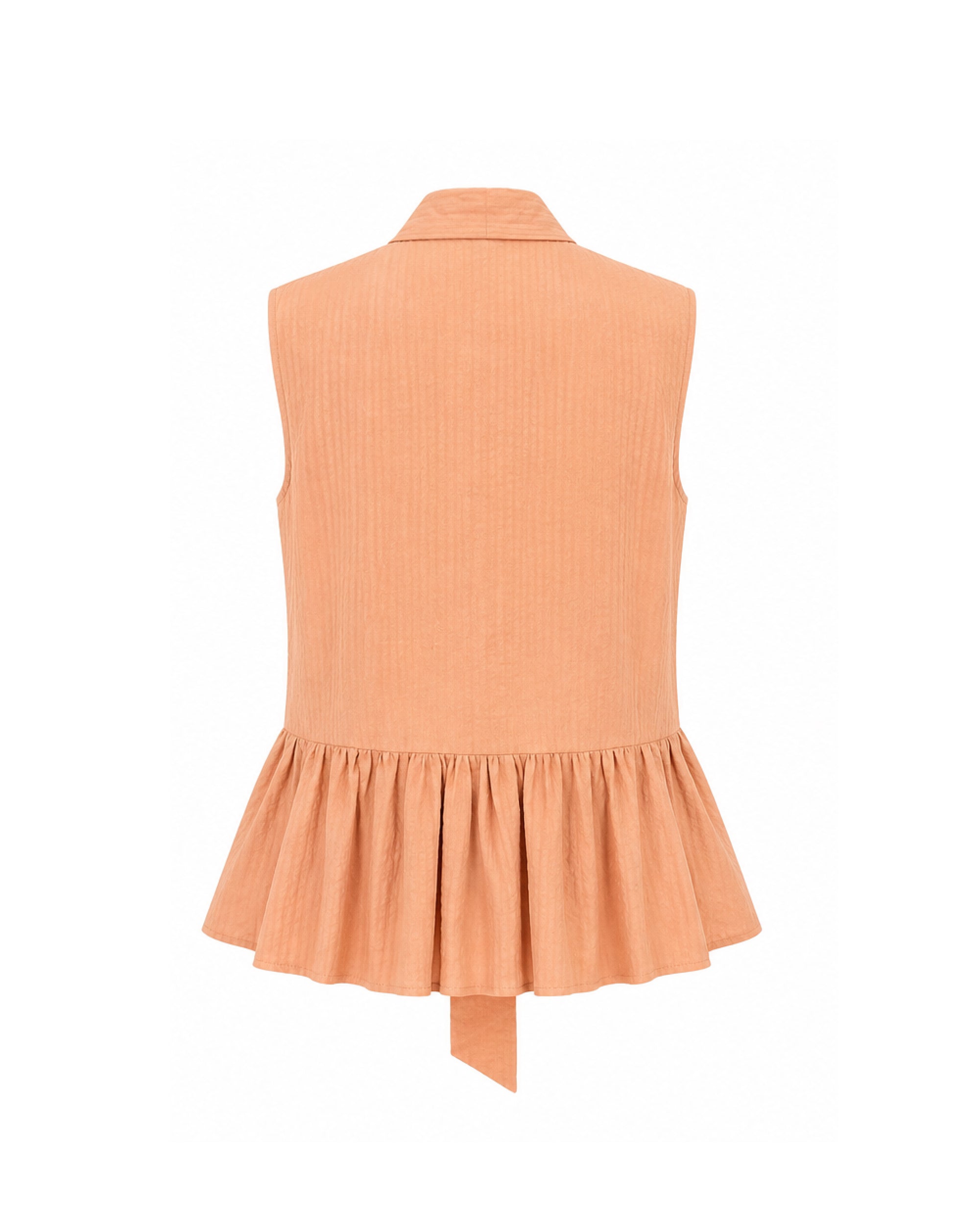 Blusa naranja con cuello lazada, con peplum y sin mangas 