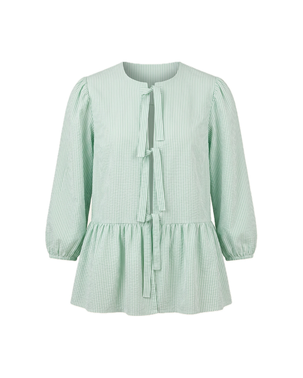 Blusa verde de rayas con peplum, mangas abullonadas y lazadas.