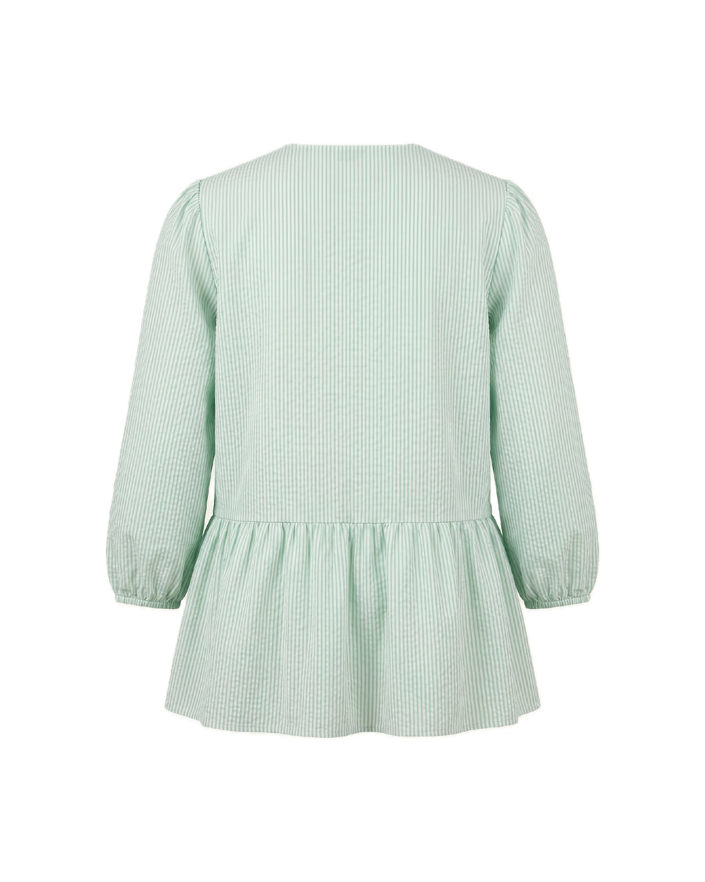Blusa verde de rayas con peplum, mangas abullonadas y lazadas.