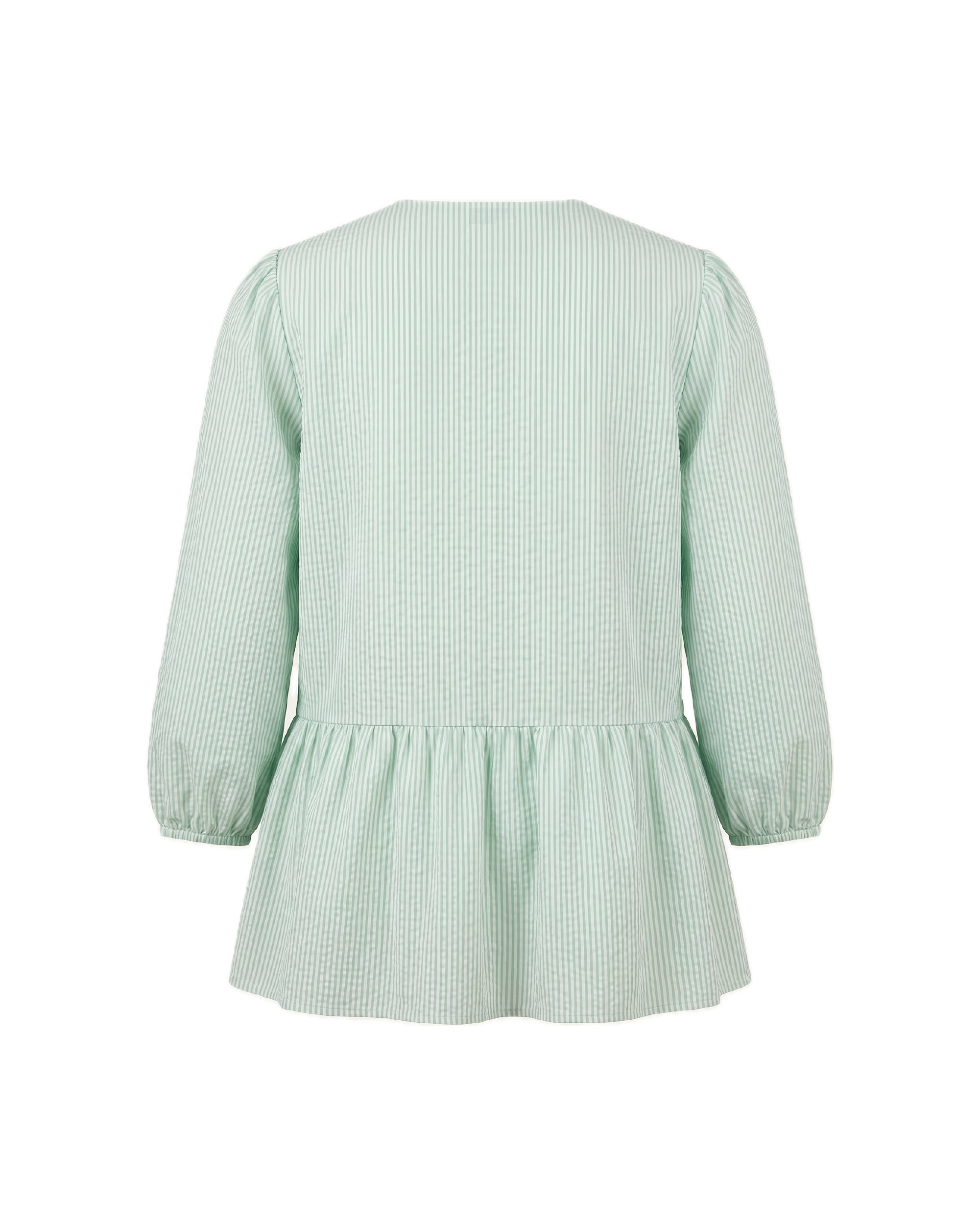Blusa verde de rayas con peplum, mangas abullonadas y lazadas.