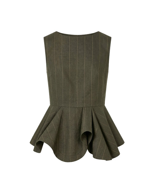 Blusa verde sin mangas de raya diplomática con peplum asimétrico en cintura