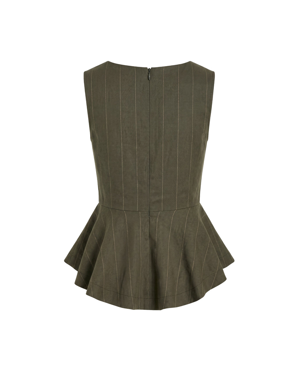 Blusa verde sin mangas de raya diplomática con peplum asimétrico en cintura