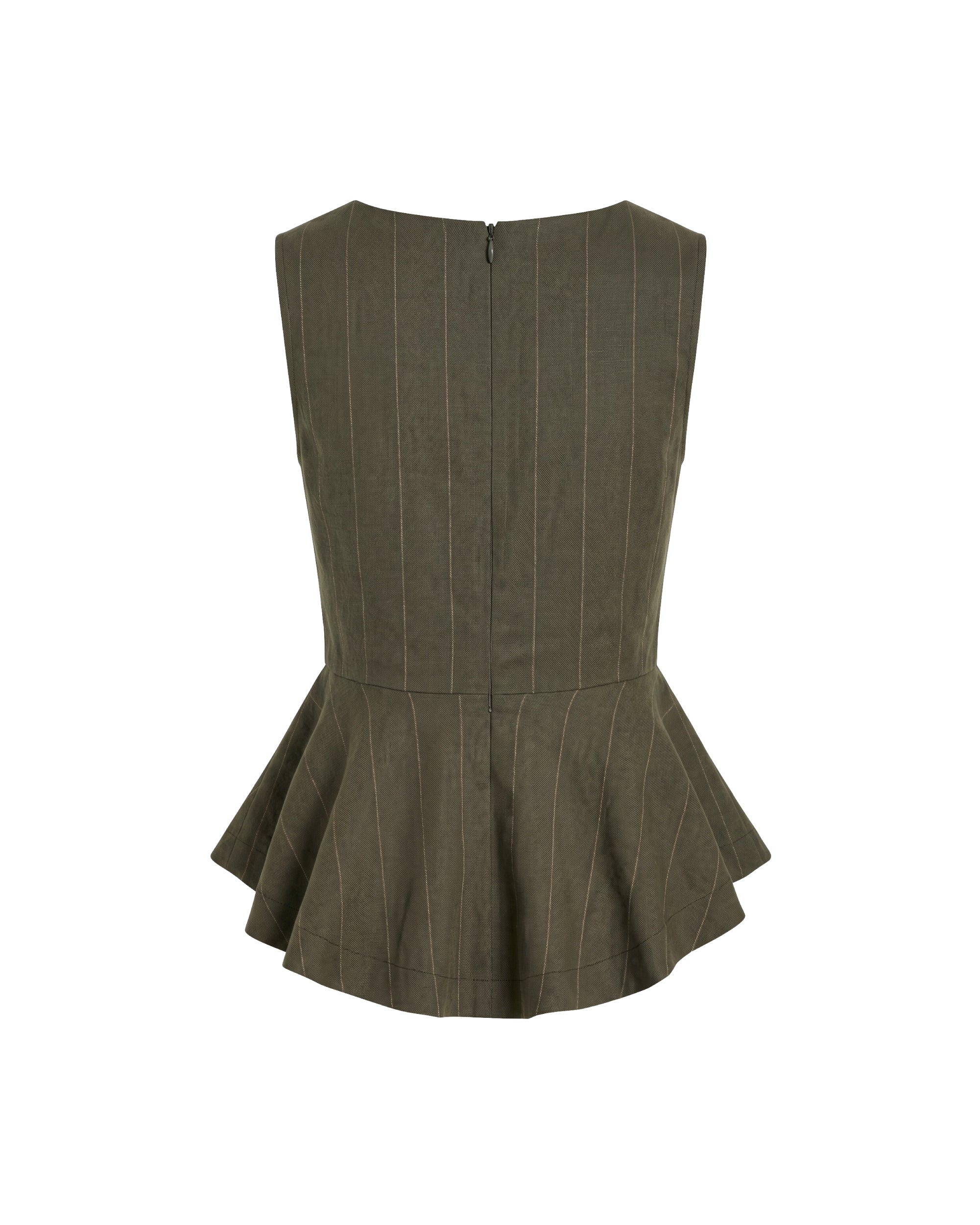 Blusa verde sin mangas de raya diplomática con peplum asimétrico en cintura