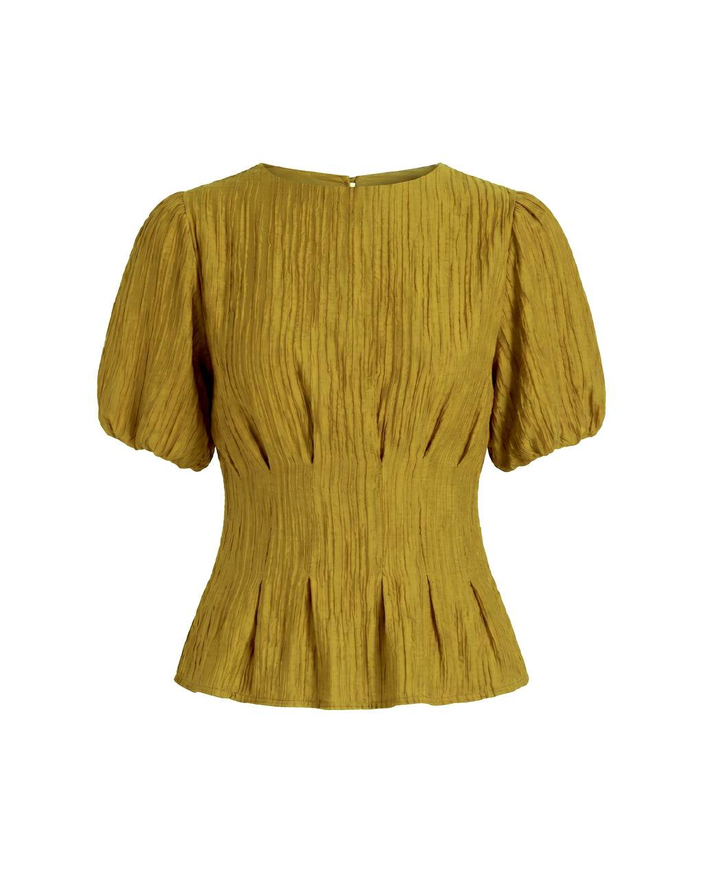 Blusa plisada ocre con mangas abullonadas globo y cintura entallada