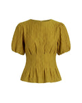Blusa plisada ocre con mangas abullonadas globo y cintura entallada