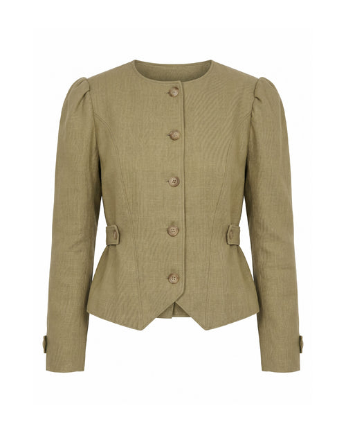 Chaqueta de ramio verde entallada con manga abullonada
