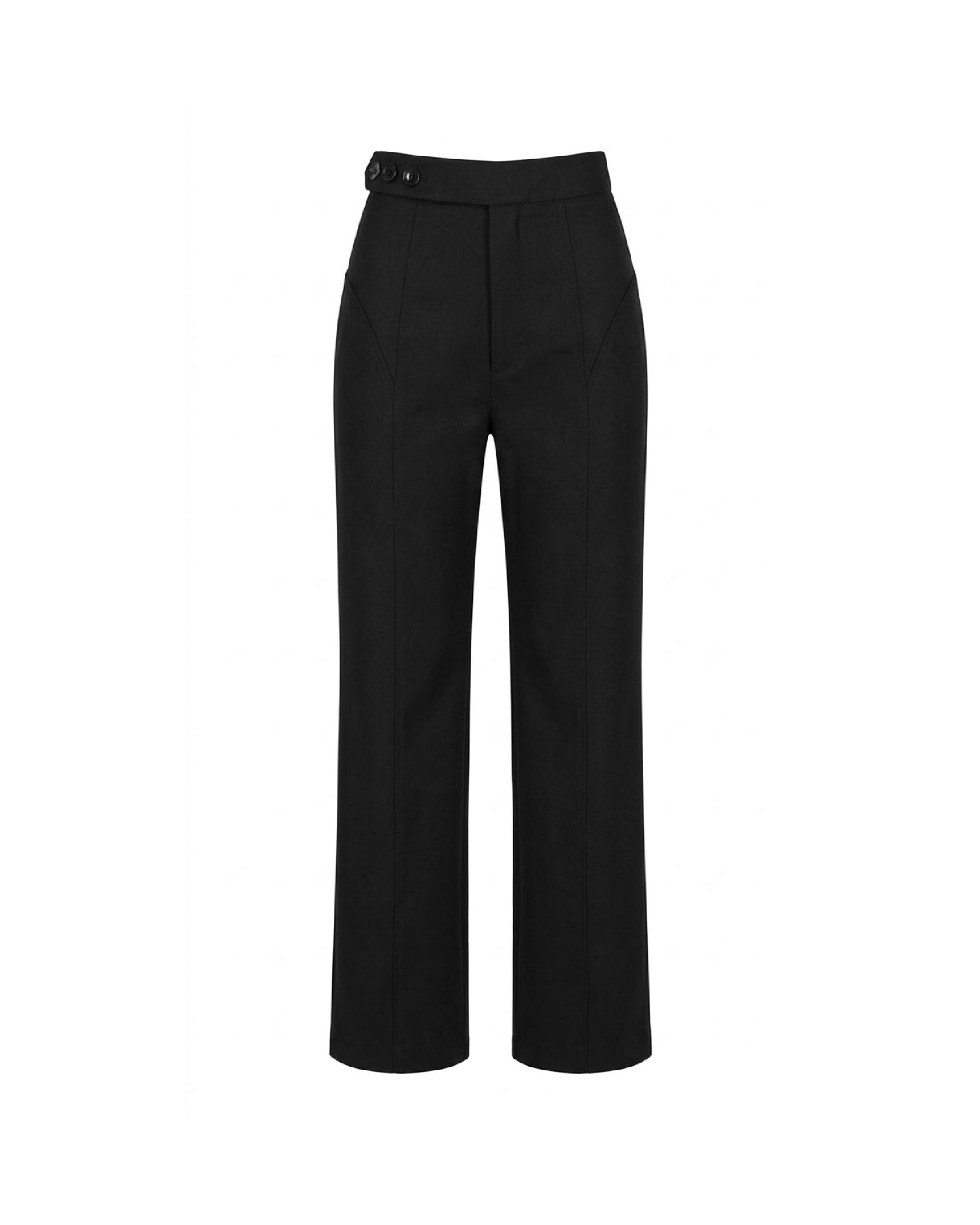 Pantalón gris sastre con cortes y cinturilla asimétrica superuesta