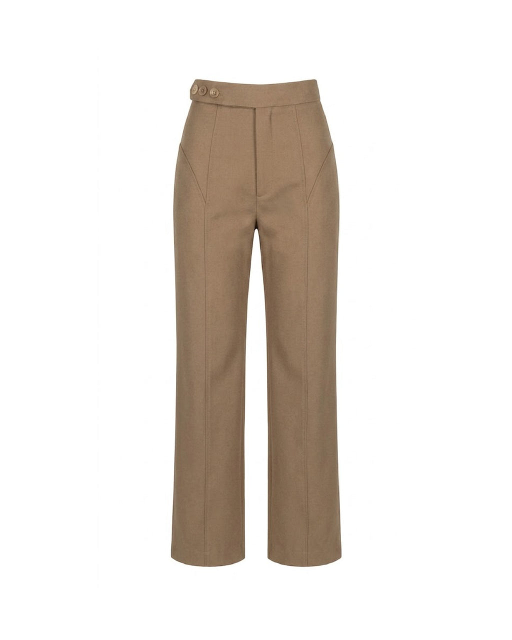 Pantalón beige sastre con cortes y cinturilla asimétrica superuesta