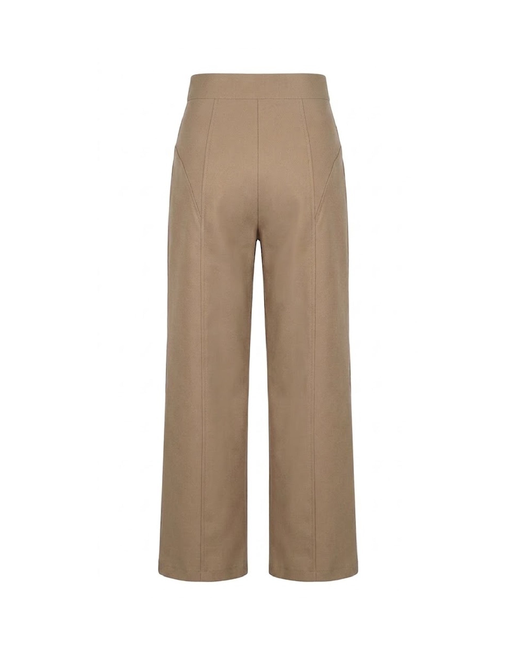 Pantalón beige sastre con cortes y cinturilla asimétrica superuesta